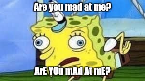 Mocking Spongebob Meme | Are you mad at me? ArE YOu mAd At mE? | image tagged in spongebob mock | made w/ Imgflip meme maker