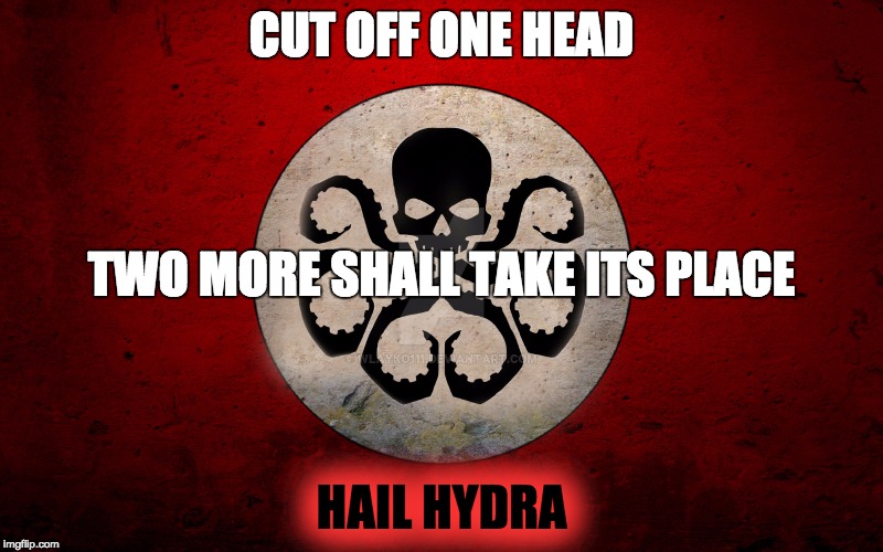 The motto of Hydra. | CUT OFF ONE HEAD; TWO MORE SHALL TAKE ITS PLACE; HAIL HYDRA | image tagged in hail hydra,hydra,cut off one head two more shall take its place | made w/ Imgflip meme maker