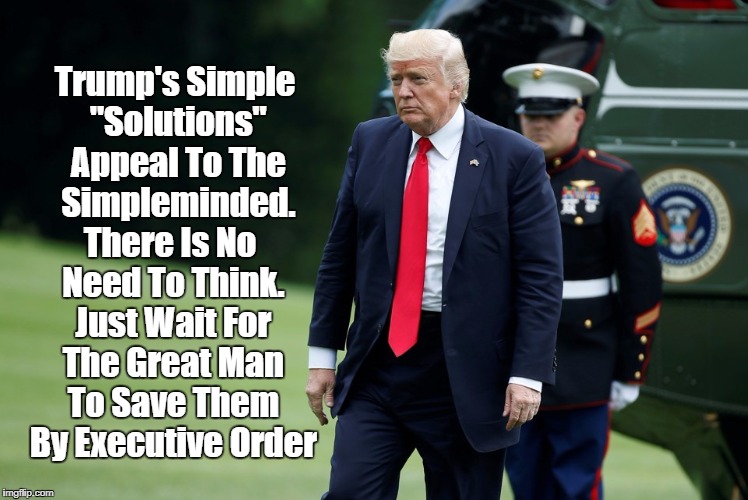 Trump's Simplemindedness | Trump's Simple "Solutions" Appeal To The Simpleminded. There Is No Need To Think. Just Wait For The Great Man To Save Them By Executive Order | image tagged in simple solutions,authoritarianism and the surrender of thought,the simpleminded are wrong,mencken | made w/ Imgflip meme maker