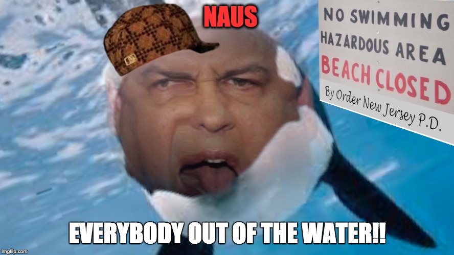 Thanks for ruining our holiday!! | NAUS; EVERYBODY OUT OF THE WATER!! | image tagged in chris christie,beach,christie,whale,jaws,jersey shore | made w/ Imgflip meme maker
