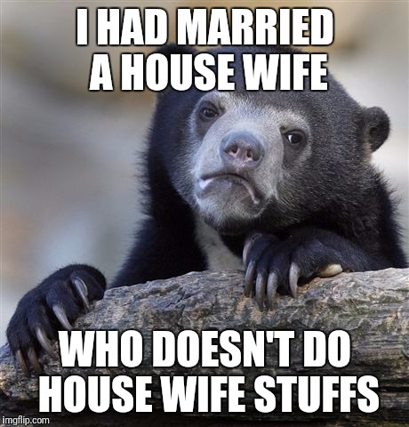 Confession Bear Meme | I HAD MARRIED A HOUSE WIFE; WHO DOESN'T DO HOUSE WIFE STUFFS | image tagged in memes,confession bear | made w/ Imgflip meme maker