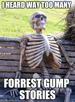 Waiting Skeleton | I HEARD WAY TOO MANY; FORREST GUMP STORIES | image tagged in memes,waiting skeleton | made w/ Imgflip meme maker