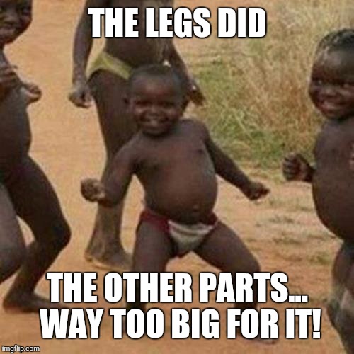 Third World Success Kid Meme | THE LEGS DID THE OTHER PARTS... WAY TOO BIG FOR IT! | image tagged in memes,third world success kid | made w/ Imgflip meme maker