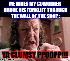I do a GREAT voice impression of her. | ME WHEN MY COWORKER DROVE HIS FORKLIFT THROUGH THE WALL OF THE SHOP :; YA CLUMSY PPOOPP!!! | image tagged in memes,throw mama,narrow black strip bakground,forklift,poop,clumsy | made w/ Imgflip meme maker