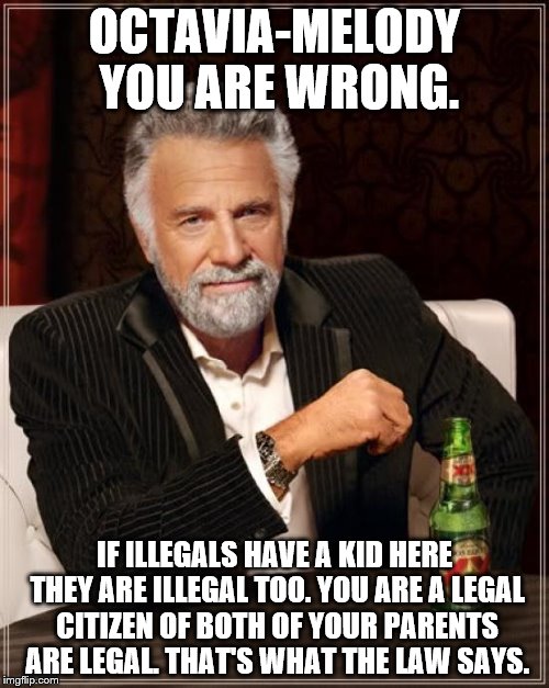 I only made this meme since I don't have Imgflip pro. Which means I can't comment on memes. | OCTAVIA-MELODY YOU ARE WRONG. IF ILLEGALS HAVE A KID HERE THEY ARE ILLEGAL TOO. YOU ARE A LEGAL CITIZEN OF BOTH OF YOUR PARENTS ARE LEGAL. THAT'S WHAT THE LAW SAYS. | image tagged in memes,the most interesting man in the world | made w/ Imgflip meme maker