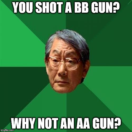 High Expectations Asian Father Meme | YOU SHOT A BB GUN? WHY NOT AN AA GUN? | image tagged in memes,high expectations asian father | made w/ Imgflip meme maker