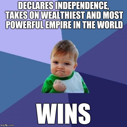 Regardless of how you look at it, Happy Independence Day! | DECLARES INDEPENDENCE, TAKES ON WEALTHIEST AND MOST POWERFUL EMPIRE IN THE WORLD; WINS | image tagged in success kid,america,independence day,declaration of independence,memes,revolution | made w/ Imgflip meme maker