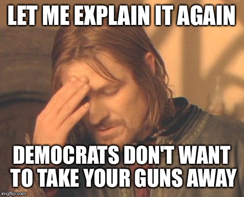 Frustrated Boromir Meme | LET ME EXPLAIN IT AGAIN; DEMOCRATS DON'T WANT TO TAKE YOUR GUNS AWAY | image tagged in memes,frustrated boromir | made w/ Imgflip meme maker