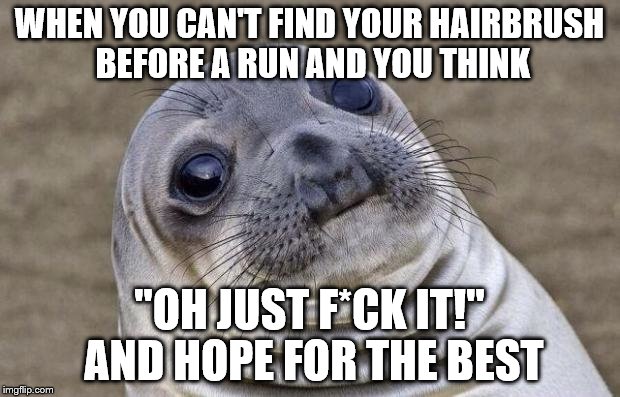 Awkward Moment Sealion Meme | WHEN YOU CAN'T FIND YOUR HAIRBRUSH BEFORE A RUN AND YOU THINK; "OH JUST F*CK IT!" AND HOPE FOR THE BEST | image tagged in memes,awkward moment sealion | made w/ Imgflip meme maker