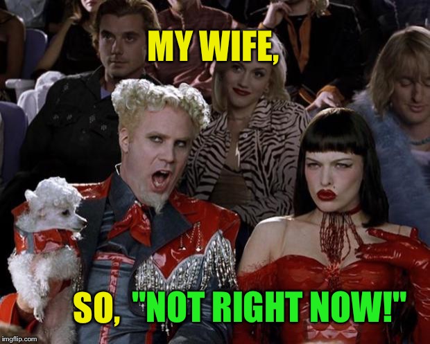 Not based on reality :-) | MY WIFE, SO, "NOT RIGHT NOW!" | image tagged in memes,mugatu so hot right now,just kidding,wife | made w/ Imgflip meme maker