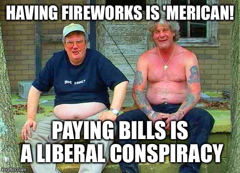HAVING FIREWORKS IS 'MERICAN! PAYING BILLS IS A LIBERAL CONSPIRACY | made w/ Imgflip meme maker