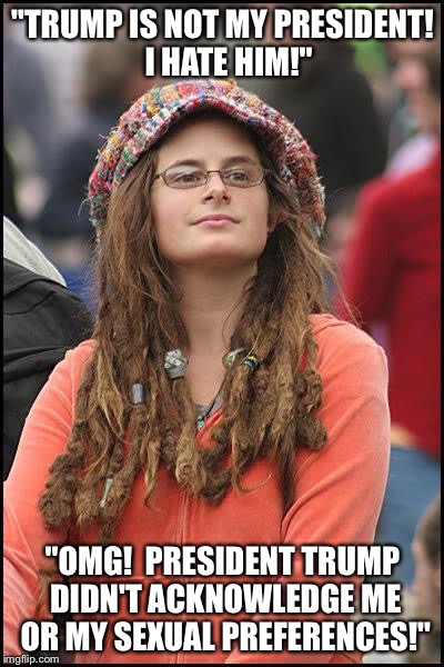 Hippie | "TRUMP IS NOT MY PRESIDENT!  I HATE HIM!"; "OMG!  PRESIDENT TRUMP DIDN'T ACKNOWLEDGE ME OR MY SEXUAL PREFERENCES!" | image tagged in hippie | made w/ Imgflip meme maker