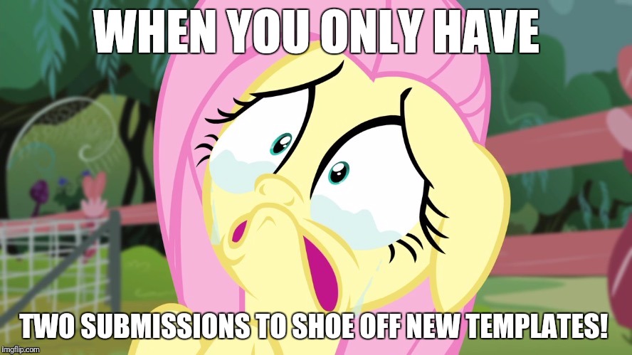 Aw man! :( | WHEN YOU ONLY HAVE; TWO SUBMISSIONS TO SHOE OFF NEW TEMPLATES! | image tagged in crying fluttershy,memes,xanderbrony,new template | made w/ Imgflip meme maker