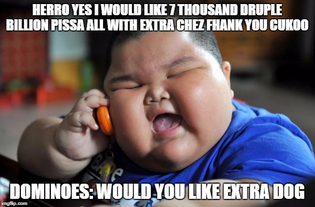 fat kid | HERRO YES I WOULD LIKE 7 THOUSAND DRUPLE BILLION PISSA ALL WITH EXTRA CHEZ FHANK YOU CUKOO; DOMINOES: WOULD YOU LIKE EXTRA DOG | image tagged in fat kid | made w/ Imgflip meme maker