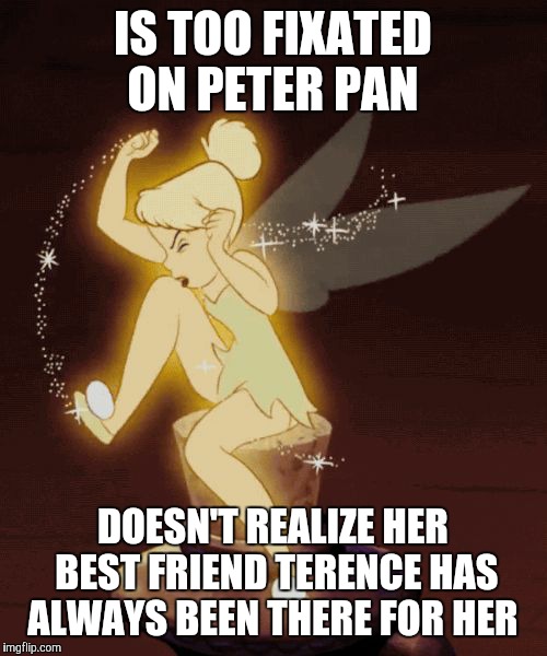 tinkerbell angry | IS TOO FIXATED ON PETER PAN; DOESN'T REALIZE HER BEST FRIEND TERENCE HAS ALWAYS BEEN THERE FOR HER | image tagged in tinkerbell angry | made w/ Imgflip meme maker