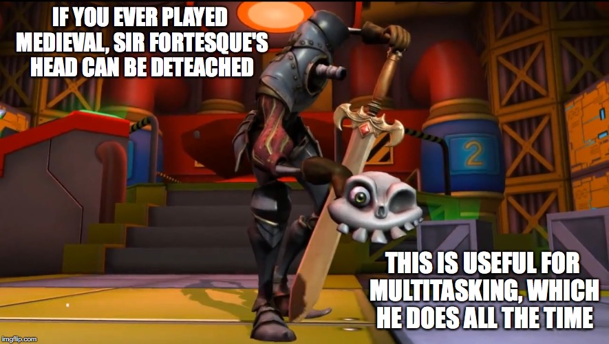 Headless Sir Daniel Fortesque | IF YOU EVER PLAYED MEDIEVAL, SIR FORTESQUE'S HEAD CAN BE DETEACHED; THIS IS USEFUL FOR MULTITASKING, WHICH HE DOES ALL THE TIME | image tagged in medievil,daniel foresque,memes | made w/ Imgflip meme maker