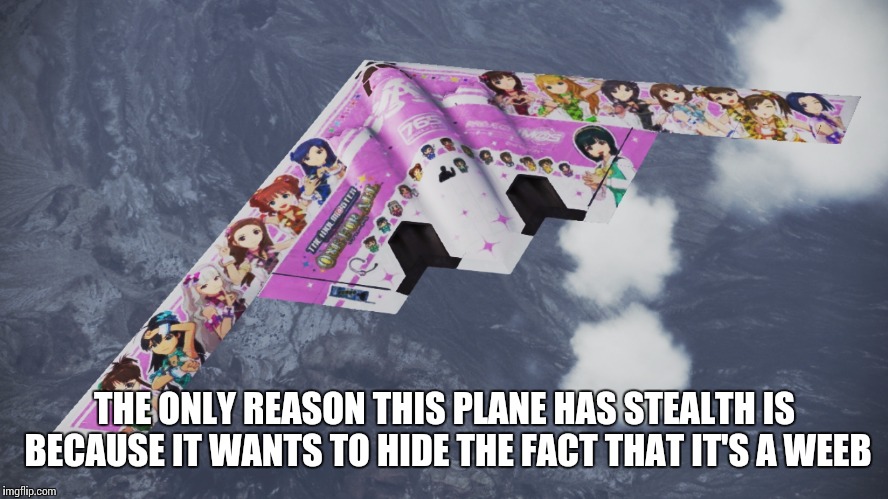 THE ONLY REASON THIS PLANE HAS STEALTH IS BECAUSE IT WANTS TO HIDE THE FACT THAT IT'S A WEEB | image tagged in b-2_idolmaster | made w/ Imgflip meme maker