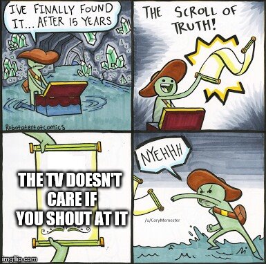 The Scroll Of Truth |  THE TV DOESN'T CARE IF YOU SHOUT AT IT | image tagged in the scroll of truth | made w/ Imgflip meme maker