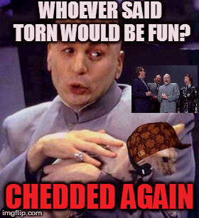 Dr Evil Cat | WHOEVER SAID TORN WOULD BE FUN? CHEDDED AGAIN | image tagged in dr evil cat,scumbag | made w/ Imgflip meme maker