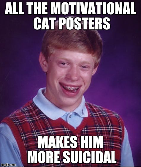 Bad Luck Brian Meme | ALL THE MOTIVATIONAL CAT POSTERS MAKES HIM MORE SUICIDAL | image tagged in memes,bad luck brian | made w/ Imgflip meme maker