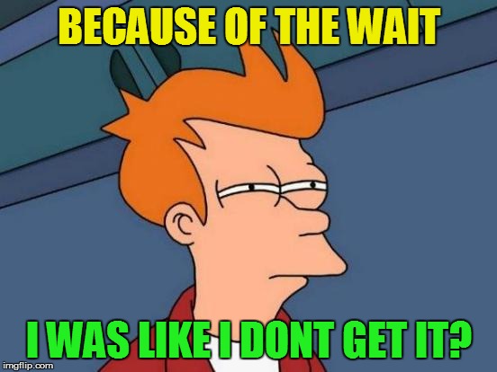 Futurama Fry Meme | BECAUSE OF THE WAIT I WAS LIKE I DONT GET IT? | image tagged in memes,futurama fry | made w/ Imgflip meme maker