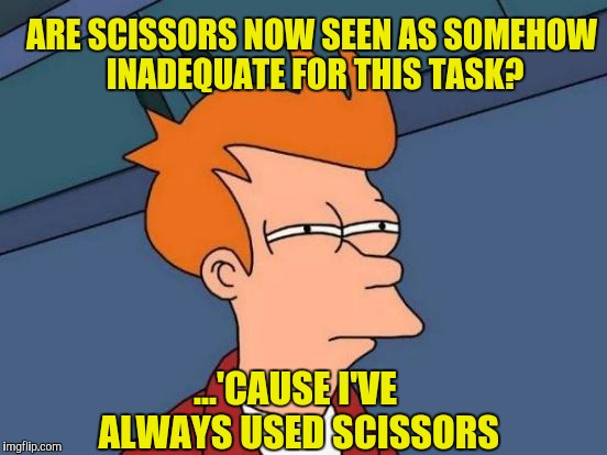 Futurama Fry Meme | ...'CAUSE I'VE ALWAYS USED SCISSORS ARE SCISSORS NOW SEEN AS SOMEHOW INADEQUATE FOR THIS TASK? | image tagged in memes,futurama fry | made w/ Imgflip meme maker