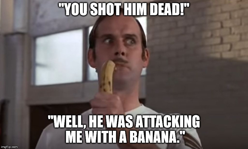 Self-defense | "YOU SHOT HIM DEAD!"; "WELL, HE WAS ATTACKING ME WITH A BANANA." | image tagged in self defense against fresh fruit,banana,gun control,monty python | made w/ Imgflip meme maker
