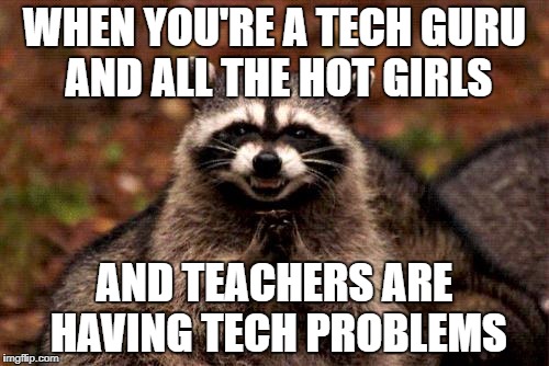 Evil Plotting Raccoon Meme | WHEN YOU'RE A TECH GURU AND ALL THE HOT GIRLS; AND TEACHERS ARE HAVING TECH PROBLEMS | image tagged in memes,evil plotting raccoon | made w/ Imgflip meme maker