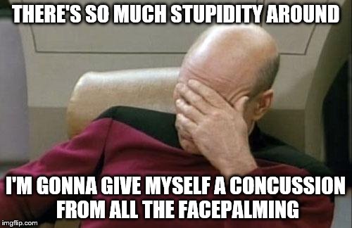 Captain Picard Facepalm Meme | THERE'S SO MUCH STUPIDITY AROUND; I'M GONNA GIVE MYSELF A CONCUSSION FROM ALL THE FACEPALMING | image tagged in memes,captain picard facepalm | made w/ Imgflip meme maker