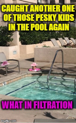 Day at the senior center  | CAUGHT ANOTHER ONE OF THOSE PESKY KIDS IN THE POOL AGAIN; WHAT IN FILTRATION | image tagged in what in tarnation,swimming pool,kids,memes,funny | made w/ Imgflip meme maker