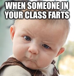 Skeptical Baby Meme | WHEN SOMEONE IN YOUR CLASS FARTS | image tagged in memes,skeptical baby | made w/ Imgflip meme maker