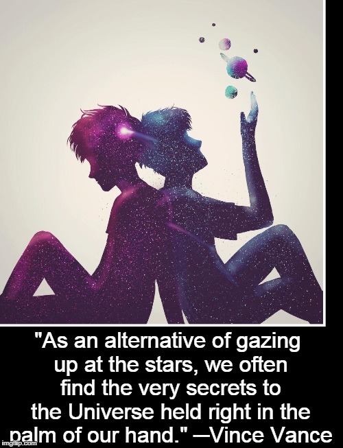 Introspection Vs Extrospection | "As an alternative of gazing up at the stars, we often find the very secrets to the Universe held right in the palm of our hand." ─Vince Vance | image tagged in vince vance,star gazing,the secrets of the universe,it's the little things,the big picture,the answers are within | made w/ Imgflip meme maker