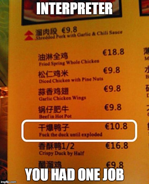 No matter how funny it sounds, but I'd like to see the chef who prepares the duck | INTERPRETER; YOU HAD ONE JOB | image tagged in chinese translation fail - exploded duck,funny,memes,chinese food,nsfw | made w/ Imgflip meme maker