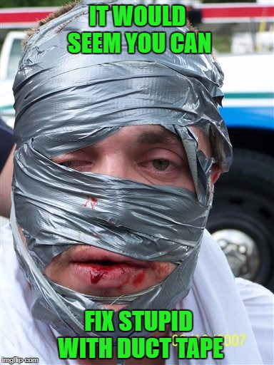 Unfortunately, it's only temporary, chronic stupidity always seems to come back! | IT WOULD SEEM YOU CAN; FIX STUPID WITH DUCT TAPE | image tagged in duct tape,memes,fixing stupid,funny,quick fixes,bye bye hair | made w/ Imgflip meme maker