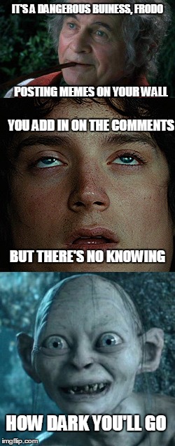LORD OF THE MEMES | IT'S A DANGEROUS BUINESS, FRODO; POSTING MEMES ON YOUR WALL; YOU ADD IN ON THE COMMENTS; BUT THERE'S NO KNOWING; HOW DARK YOU'LL GO | image tagged in lord of the rings | made w/ Imgflip meme maker