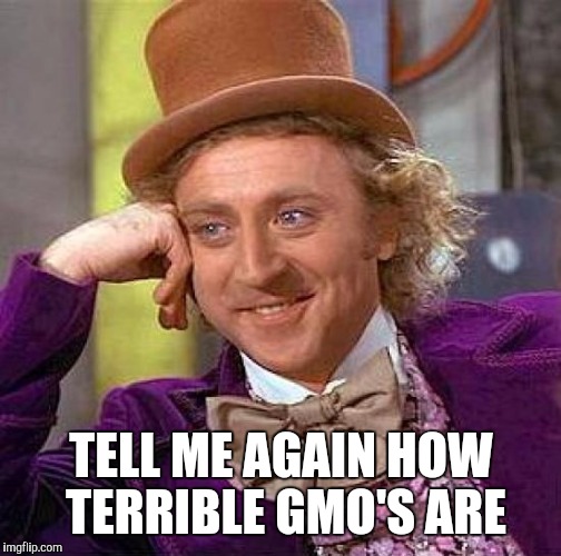 Creepy Condescending Wonka Meme | TELL ME AGAIN HOW TERRIBLE GMO'S ARE | image tagged in memes,creepy condescending wonka | made w/ Imgflip meme maker