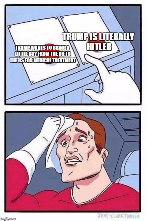 decisions | TRUMP IS LITERALLY HITLER; TRUMP WANTS TO BRING A LITTLE BOY FROM THE UK TO THE US FOR MEDICAL TREATMENT | image tagged in decisions | made w/ Imgflip meme maker
