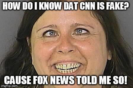 ITS FAKE NEWS - says Fake News | HOW DO I KNOW DAT CNN IS FAKE? CAUSE FOX NEWS TOLD ME SO! | image tagged in fake news,cnn,trump,idiots | made w/ Imgflip meme maker
