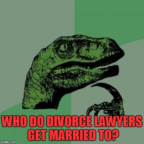 Philosoraptor Meme | WHO DO DIVORCE LAWYERS GET MARRIED TO? | image tagged in memes,philosoraptor | made w/ Imgflip meme maker