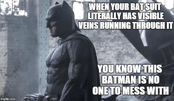 WHEN YOUR BAT SUIT LITERALLY HAS VISIBLE VEINS RUNNING THROUGH IT YOU KNOW THIS BATMAN IS NO ONE TO MESS WITH | made w/ Imgflip meme maker