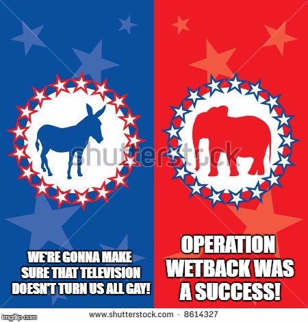 Re-Defined Political Parties | OPERATION WETBACK WAS A SUCCESS! WE'RE GONNA MAKE SURE THAT TELEVISION DOESN'T TURN US ALL GAY! | image tagged in re-defined political parties | made w/ Imgflip meme maker