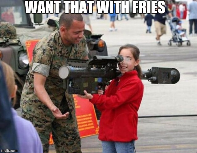 My brothers meme | WANT THAT WITH FRIES | image tagged in little girl with rocket launcher | made w/ Imgflip meme maker