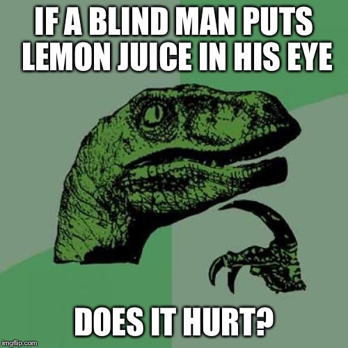 Philosoraptor | IF A BLIND MAN PUTS LEMON JUICE IN HIS EYE; DOES IT HURT? | image tagged in memes,philosoraptor | made w/ Imgflip meme maker