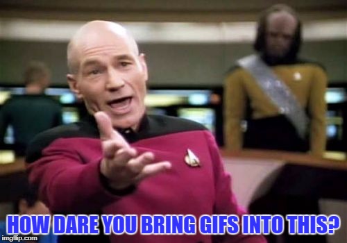 Picard Wtf Meme | HOW DARE YOU BRING GIFS INTO THIS? | image tagged in memes,picard wtf | made w/ Imgflip meme maker