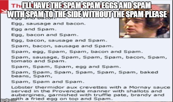 I'LL HAVE THE SPAM SPAM EGGS AND SPAM WITH SPAM TO THE SIDE WITHOUT THE SPAM PLEASE | made w/ Imgflip meme maker