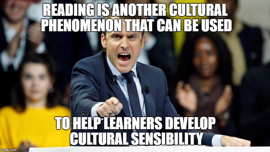 macron | READING IS ANOTHER CULTURAL PHENOMENON THAT CAN BE USED; TO HELP LEARNERS DEVELOP CULTURAL SENSIBILITY | image tagged in macron | made w/ Imgflip meme maker
