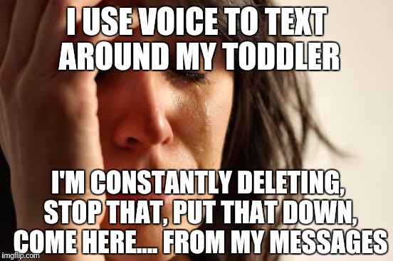 Have a great day! Cut that out! | I USE VOICE TO TEXT AROUND MY TODDLER; I'M CONSTANTLY DELETING, STOP THAT, PUT THAT DOWN, COME HERE.... FROM MY MESSAGES | image tagged in memes,first world problems,toddlers | made w/ Imgflip meme maker