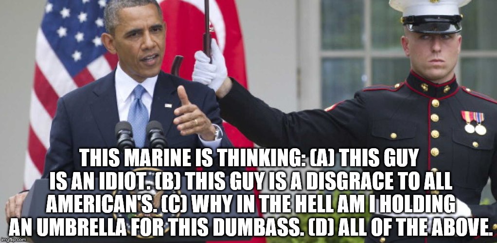 Marine | THIS MARINE IS THINKING: (A) THIS GUY IS AN IDIOT. (B) THIS GUY IS A DISGRACE TO ALL AMERICAN'S. (C) WHY IN THE HELL AM I HOLDING AN UMBRELLA FOR THIS DUMBASS. (D) ALL OF THE ABOVE. | image tagged in obama | made w/ Imgflip meme maker