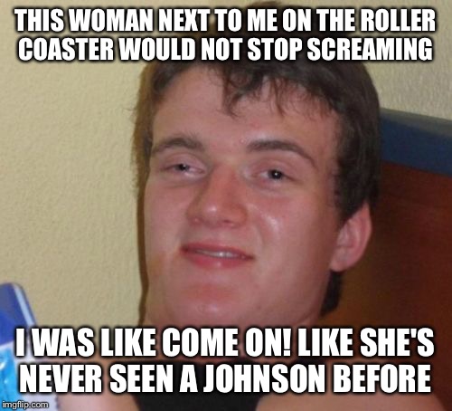 Just relax and enjoy the ride  | THIS WOMAN NEXT TO ME ON THE ROLLER COASTER WOULD NOT STOP SCREAMING; I WAS LIKE COME ON! LIKE SHE'S NEVER SEEN A JOHNSON BEFORE | image tagged in memes,10 guy,funny | made w/ Imgflip meme maker