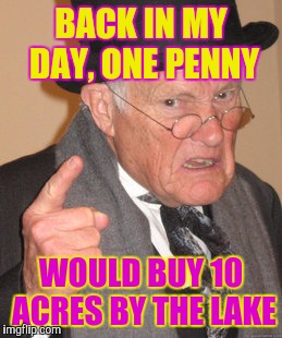 Old Folks Be Like... | BACK IN MY DAY, ONE PENNY; WOULD BUY 10 ACRES BY THE LAKE | image tagged in memes,back in my day | made w/ Imgflip meme maker